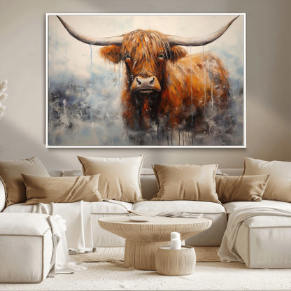 X61001-MGV-CV-36X24-Scottish Highland Wall Art Canvas Print, Framed Longhorn Art Picture Print, Western Cow Perfect Farmhouse Decor Artwork