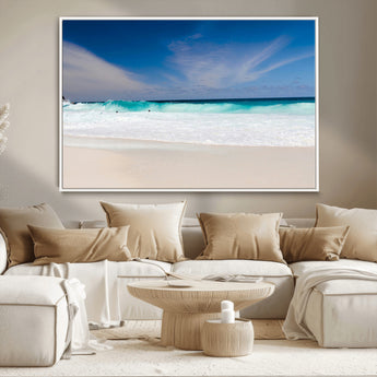 55017356-MGV-CV-36X24-Ocean Beach Wall Art – Turquoise Wave and White Sand Shoreline Canvas Print, Coastal Seascape Photography Decor for Living Room,