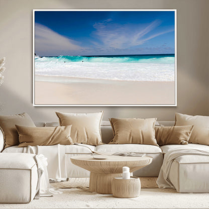 55017356-MGV-CV-36X24-Ocean Beach Wall Art – Turquoise Wave and White Sand Shoreline Canvas Print, Coastal Seascape Photography Decor for Living Room,