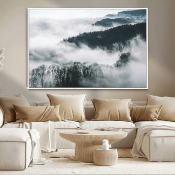 67569654-MGV-CV-36X24-Foggy Forest Wall Art – Mist Covered Hills and Trees Landscape Canvas Print, Moody Nature Photography Decor for Living Room,