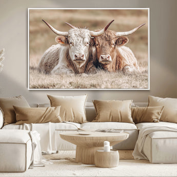 38651722-MGV-CV-36X24-Cow Wall Art – Rustic Longhorn Pair Canvas Print, Western Farmhouse Animal Painting, Country Ranch Decor for Living Room, Bedroom,