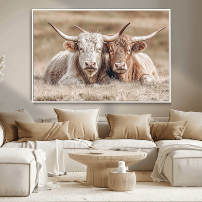 38651722-MGV-CV-36X24-Cow Wall Art – Rustic Longhorn Pair Canvas Print, Western Farmhouse Animal Painting, Country Ranch Decor for Living Room, Bedroom,