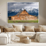 15173627-MGV-CV-36X24-Barn Wall Art – Rustic Wooden Cabin Canvas Print with Snowy Mountain Landscape, Western Farmhouse Country Decor for Living Room,