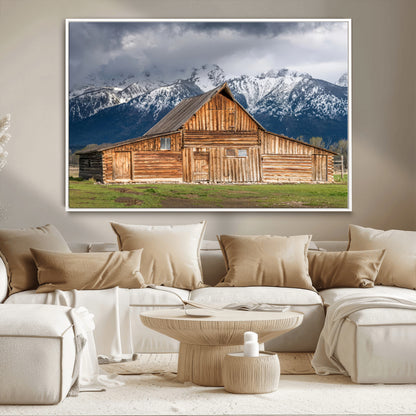 15173627-MGV-CV-36X24-Barn Wall Art – Rustic Wooden Cabin Canvas Print with Snowy Mountain Landscape, Western Farmhouse Country Decor for Living Room,