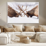 99240306-MGV-CV-36X24-Elk Wall Art – Two Bull Elk Fighting in Snow Canvas Print, Rustic Wildlife Artwork for Cabin, Lodge, Western Farmhouse, Nature &