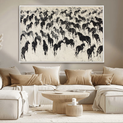 29265745-MGV-CV-36X24-Wild Horse Herd Wall Art – Black and White Galloping Horses Canvas Print, Rustic Western Farmhouse Décor for Living Room, Bedroom,