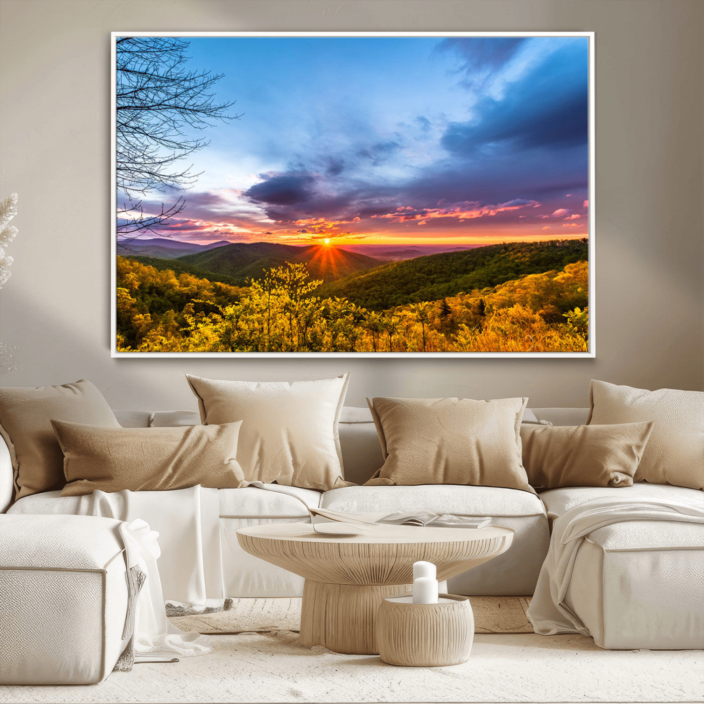 25786346-MGV-CV-36X24-Sunset Over Mountains Wall Art – Nature Landscape Canvas Print, Golden Hour Forest Photography, Scenic Sunrise Artwork for Living