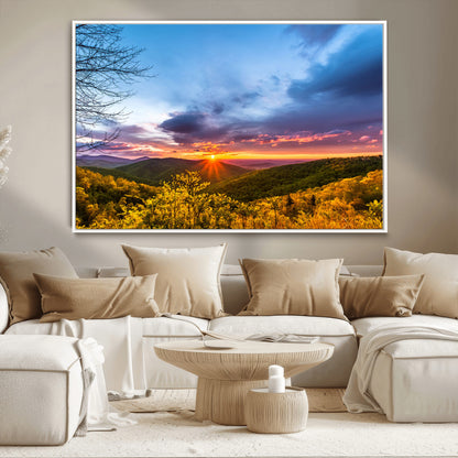 25786346-MGV-CV-36X24-Sunset Over Mountains Wall Art – Nature Landscape Canvas Print, Golden Hour Forest Photography, Scenic Sunrise Artwork for Living