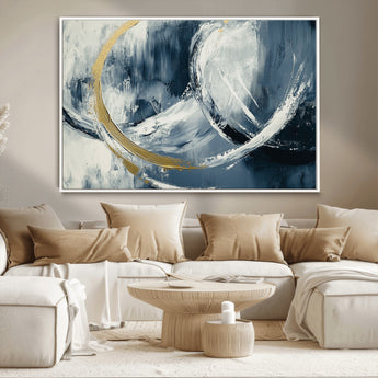 97295757-MGV-CV-36X24-Abstract Blue and Gold Wall Art – Modern Luxury Canvas Print, Navy White Brushstroke Painting, Contemporary Living Room Office