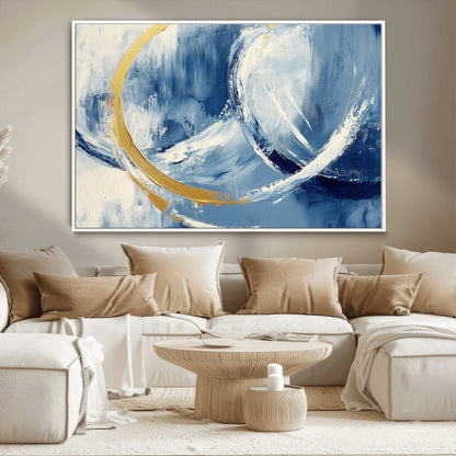 42475677-MGV-CV-36X24-Blue and Gold Abstract Wall Art – Modern Luxury Canvas Print, Navy White Brushstroke Painting, Contemporary Home Office Living