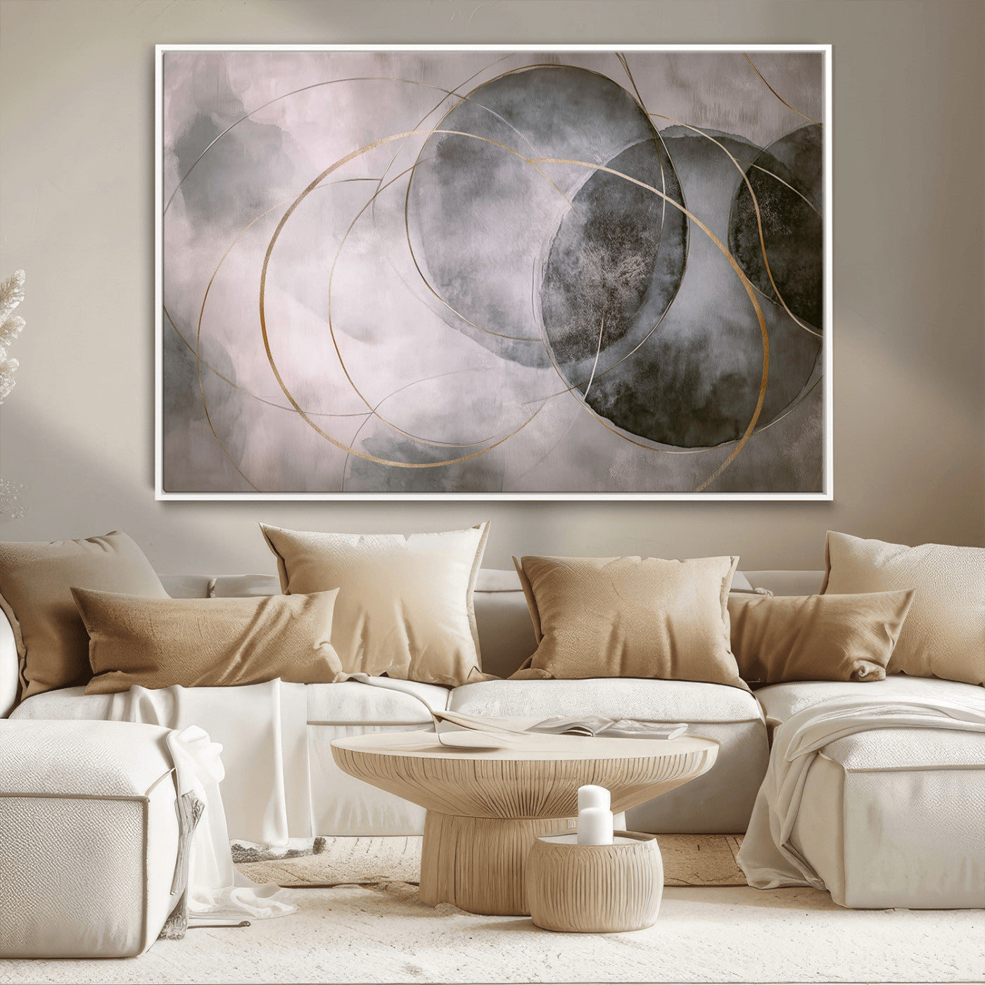 20066876-MGV-CV-36X24-Neutral Abstract Circle Wall Art – Modern Gray Beige Gold Canvas Print, Minimalist Geometric Painting for Bedroom, Living Room,