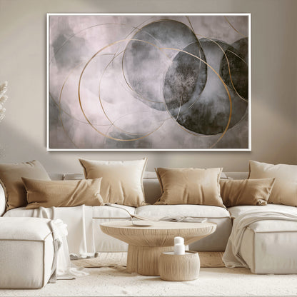 20066876-MGV-CV-36X24-Neutral Abstract Circle Wall Art – Modern Gray Beige Gold Canvas Print, Minimalist Geometric Painting for Bedroom, Living Room,