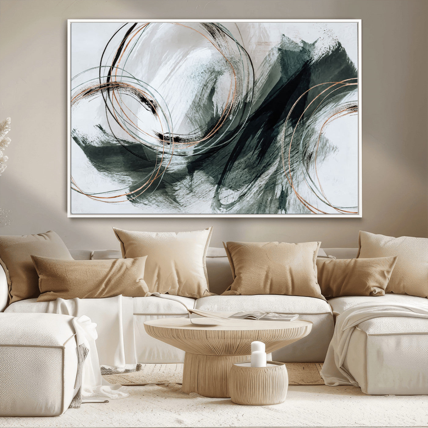 86583265-SEG-FC-90X60_Oversize_Oversize-Black and Gray Abstract Wall Art – Modern Copper Circle Canvas Print, Contemporary Minimalist Painting for Living Room, Bedroom,