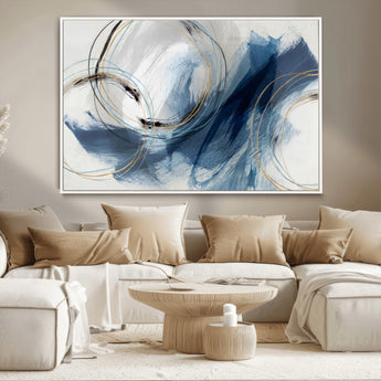 49589477-MGV-CV-36X24-Blue Abstract Wall Art – Modern Circle Canvas Print with Gold and Black Accents, Contemporary Fluid Brushstroke Painting for