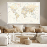 40660043-MGV-CV-36X24-World Map Wall Art – Large Detailed Atlas Style Map Print with Countries, Cities, and Oceans, Neutral Beige and Tan Educational