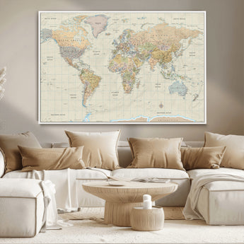 41929777-MGV-CV-36X24-World Map Wall Art – Large Detailed Political Atlas Style Map Print with Countries, Cities, and Oceans, Warm Earth Tone