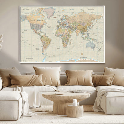 41929777-MGV-CV-36X24-World Map Wall Art – Large Detailed Political Atlas Style Map Print with Countries, Cities, and Oceans, Warm Earth Tone