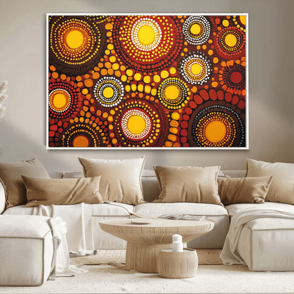 81120549-MGV-CV-36X24-Abstract Dot Painting Wall Art – Vibrant Tribal Boho Style Canvas Print with Sunburst Mandala Circles in Warm Red, Yellow, Orange