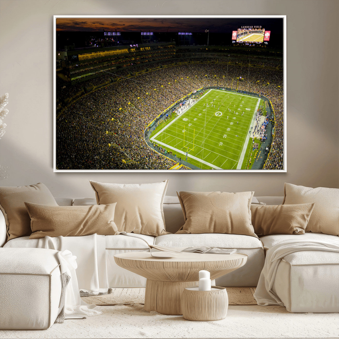 23655234-MGV-CV-36X24-Lambeau Field Stadium Wall Art – American Football Night Game Canvas Print with Packed Crowd and Lights – Sports Decor for Man