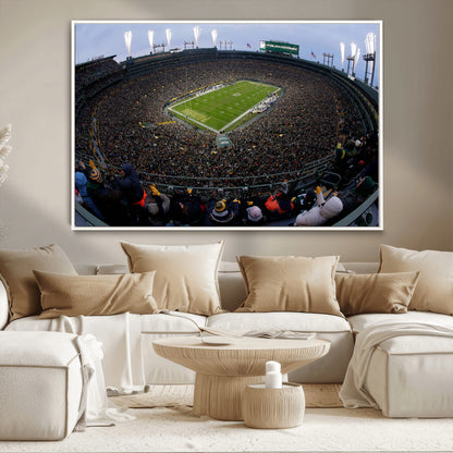 14387817-MGV-CV-36X24-Lambeau Field Stadium Wall Art – Green Bay Packers Game Day Canvas Print with Fireworks and Crowd – NFL Football Fan Man Cave