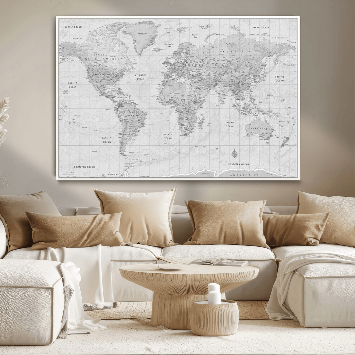10516725-MGV-CV-36X24-Black and White World Map Wall Art – Minimalist Grayscale Canvas Print – Modern Detailed Travel Map Poster for Home, Office, or