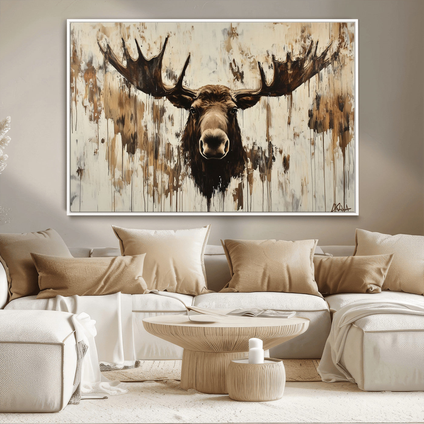 34496536-MGV-CV-36X24-Rustic Moose Wall Art – Modern Abstract Animal Canvas Print – Majestic Moose Head Painting with Neutral Earth Tones for Cabin,