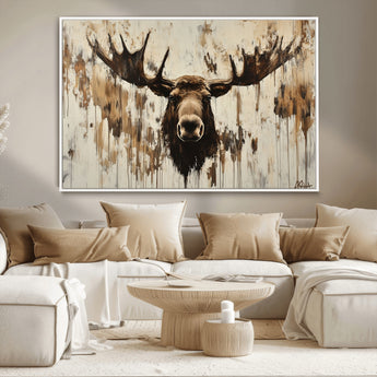 34496536-MGV-CV-36X24-Rustic Moose Wall Art – Modern Abstract Animal Canvas Print – Majestic Moose Head Painting with Neutral Earth Tones for Cabin,
