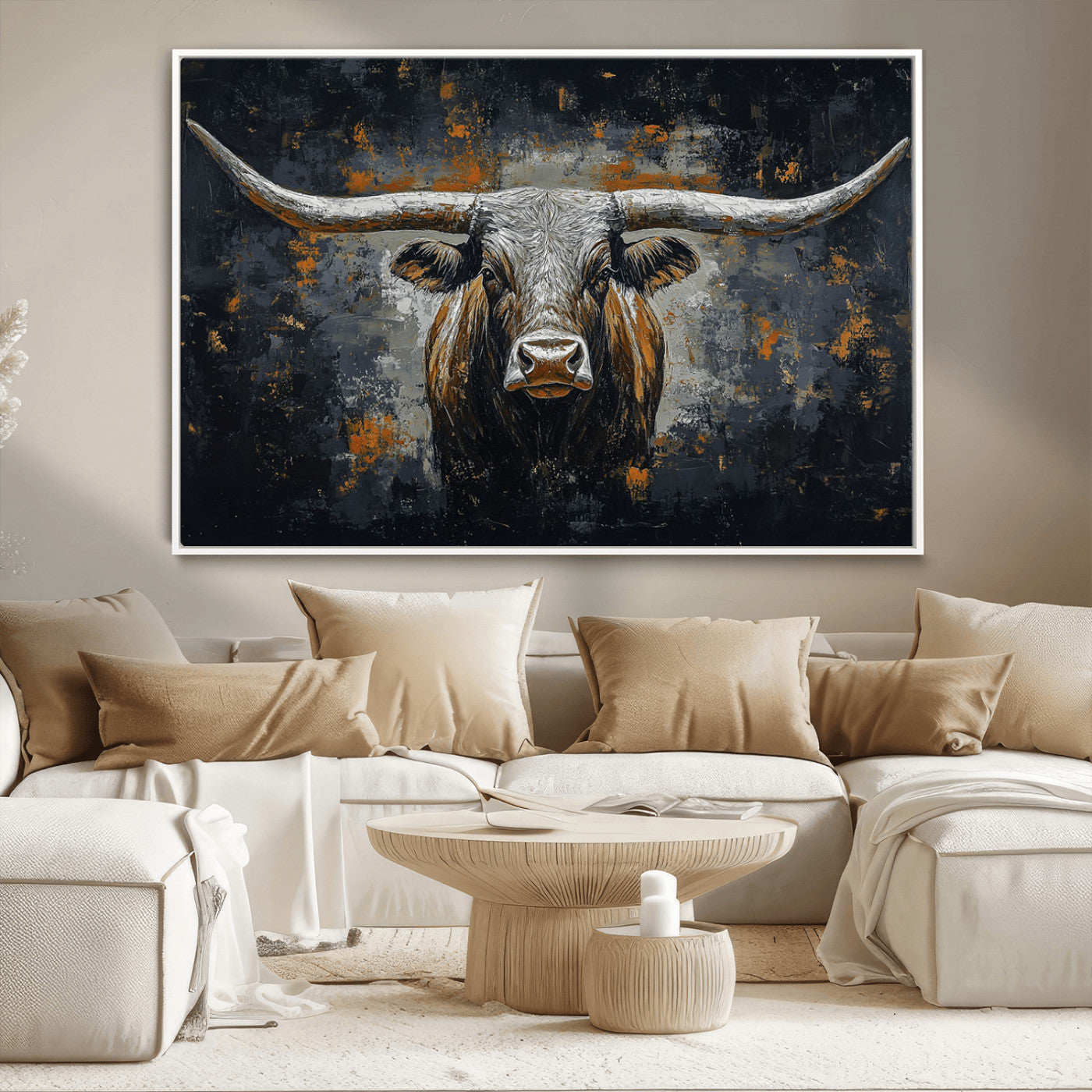 93195031-MGV-CV-36X24-Dark Longhorn Bull Wall Art – Western Steer Canvas Print, Moody Rustic Animal Painting for Man Cave, Ranch House, Office or Modern
