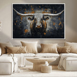93195031-MGV-CV-36X24-Dark Longhorn Bull Wall Art – Western Steer Canvas Print, Moody Rustic Animal Painting for Man Cave, Ranch House, Office or Modern