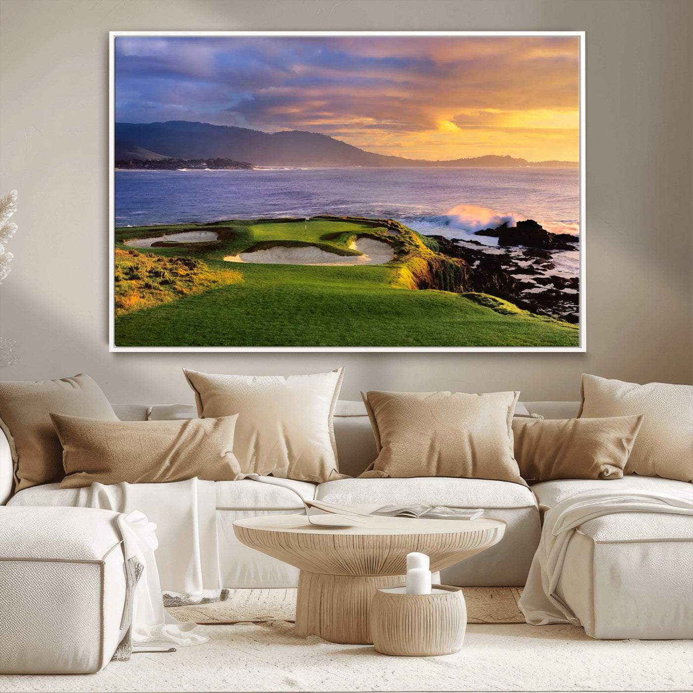 39644075-MGV-CV-36X24-Golf Course Wall Art – Coastal Sunset Canvas Print, Scenic Oceanfront Fairway Landscape Decor for Office, Man Cave, or Living Room