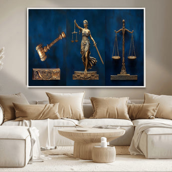 91629053-MGV-CV-36X24-Lady Justice Wall Art – Golden Gavel and Scales Canvas Print, Elegant Legal Office Decor for Lawyers, Judges, Courtroom or Study