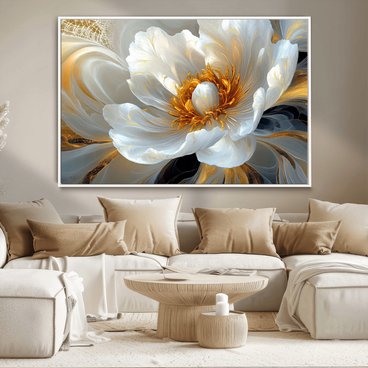 39604126-MGV-CV-36X24-Abstract Flower Wall Art – Elegant White and Gold Bloom Canvas Print, Modern Floral Artwork for Bedroom, Living Room, or Office