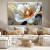 39604126-MGV-CV-36X24-Abstract Flower Wall Art – Elegant White and Gold Bloom Canvas Print, Modern Floral Artwork for Bedroom, Living Room, or Office