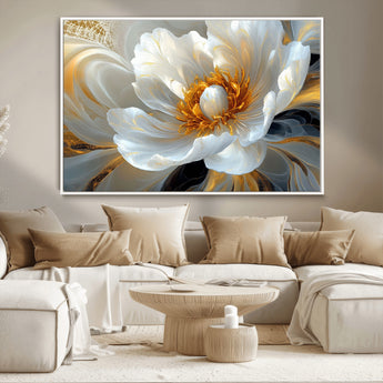 39604126-MGV-CV-36X24-Abstract Flower Wall Art – Elegant White and Gold Bloom Canvas Print, Modern Floral Artwork for Bedroom, Living Room, or Office