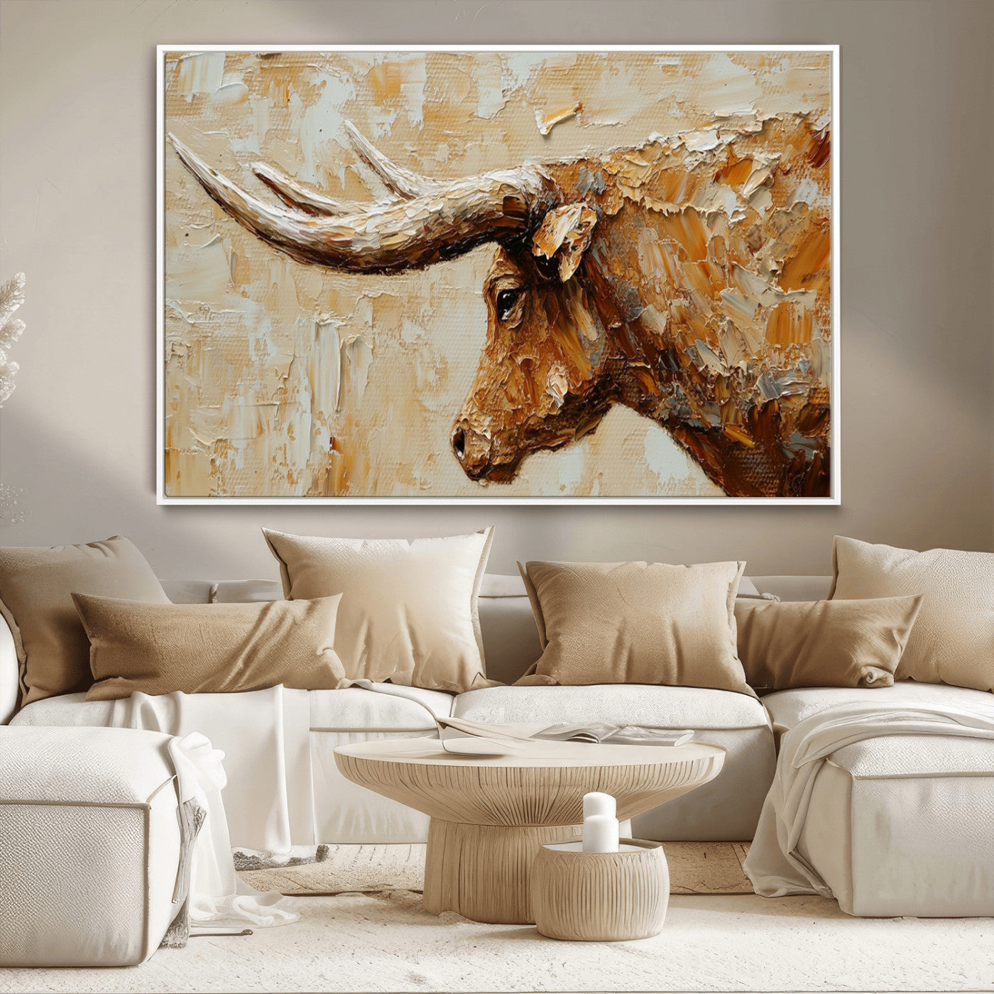 69611428-MGV-CV-36X24-Longhorn Bull Wall Art – Rustic Western Canvas Print, Textured Farmhouse Cattle Painting for Living Room, Office, or Ranch House