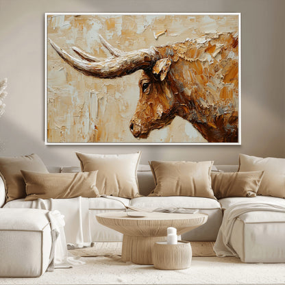 69611428-MGV-CV-36X24-Longhorn Bull Wall Art – Rustic Western Canvas Print, Textured Farmhouse Cattle Painting for Living Room, Office, or Ranch House