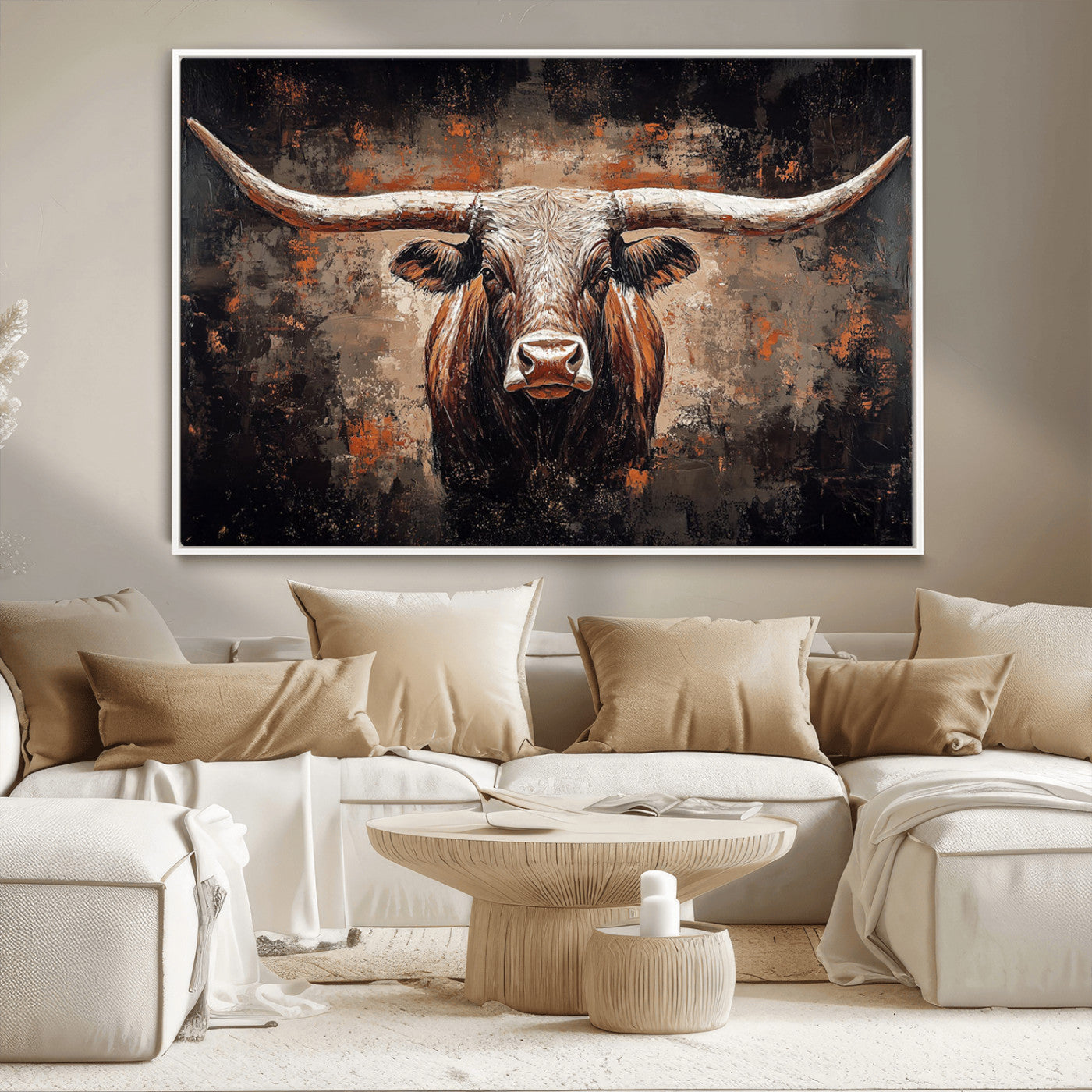 24779067-MGV-CV-36X24-Longhorn Bull Wall Art – Western Rustic Canvas Print, Bold Cowboy Cattle Painting for Ranch House, Farmhouse, Office, or Living