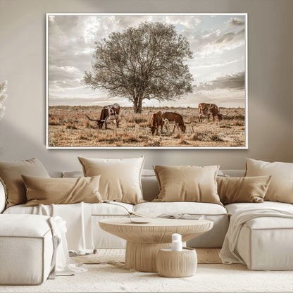 87590224-MGV-CV-36X24-Longhorn Cattle Wall Art – Rustic Western Landscape Canvas Print, Texas Farmhouse Prairie Scene for Living Room, Office, or Ranch