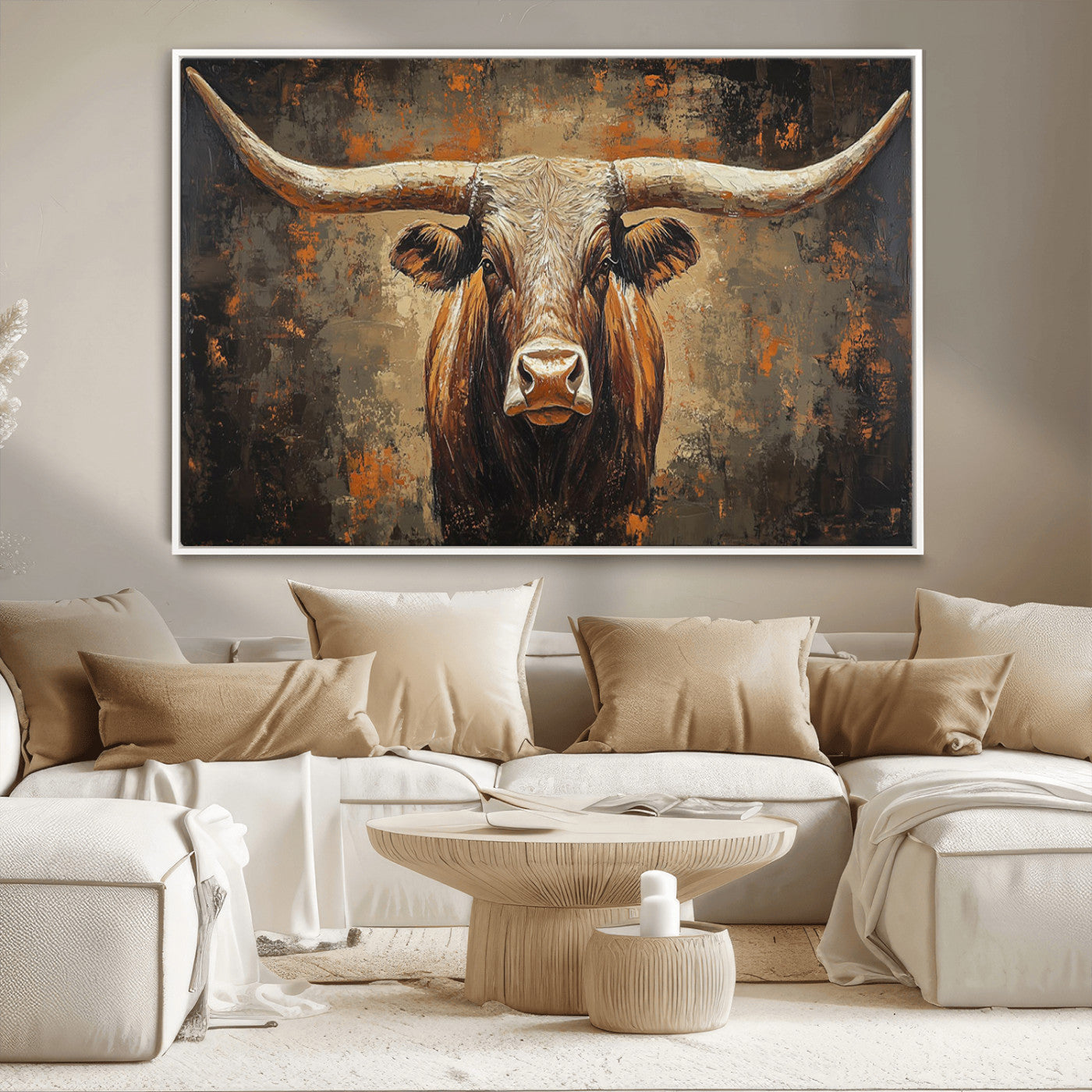 19204445-MGV-CV-36X24-Texas Longhorn Bull Wall Art – Rustic Western Canvas Print, Bold Cowboy Cattle Painting for Ranch House, Farmhouse, Office, or