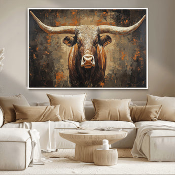 19204445-MGV-CV-36X24-Texas Longhorn Bull Wall Art – Rustic Western Canvas Print, Bold Cowboy Cattle Painting for Ranch House, Farmhouse, Office, or