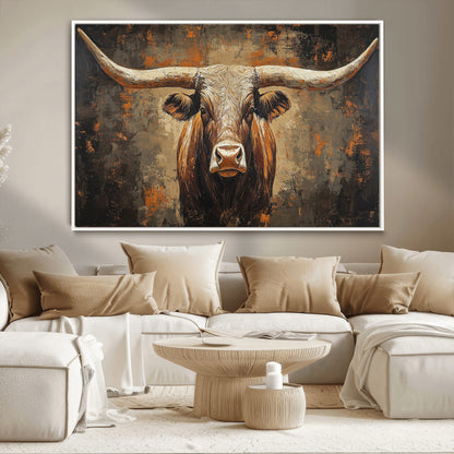 19204445-MGV-CV-36X24-Texas Longhorn Bull Wall Art – Rustic Western Canvas Print, Bold Cowboy Cattle Painting for Ranch House, Farmhouse, Office, or