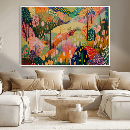 79636380-MGV-CV-36X24-Colorful Abstract Landscape Wall Art – Vibrant Hills and Flowers Canvas Print, Modern Whimsical Artwork for Living Room, Bedroom,