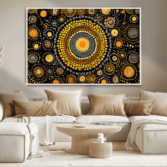 45478523-MGV-CV-36X24-Abstract Circle Wall Art – Bold Black and Gold Dot Painting Canvas Print, Modern Geometric Mandala Style Decor for Living Room or