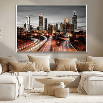59097239-MGV-CV-36X24-City Skyline Wall Art – Modern Black and White Night Canvas Print with Red Light Trails, Urban Landscape Decor for Living Room or