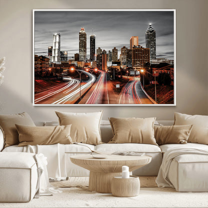 59097239-MGV-CV-36X24-City Skyline Wall Art – Modern Black and White Night Canvas Print with Red Light Trails, Urban Landscape Decor for Living Room or