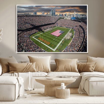 98106777-MGV-CV-36X24-Soldier Field Wall Art – Chicago Bears Stadium Canvas Print with American Flag, Game Day Football Decor for Man Cave, Bar, or