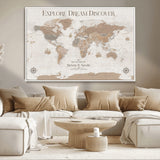 63516865-MGV-CV-36X24-Explore Dream Discover World Map Wall Art – Inspirational Travel Adventure Canvas Print, Neutral Parchment Style Explorer Decor