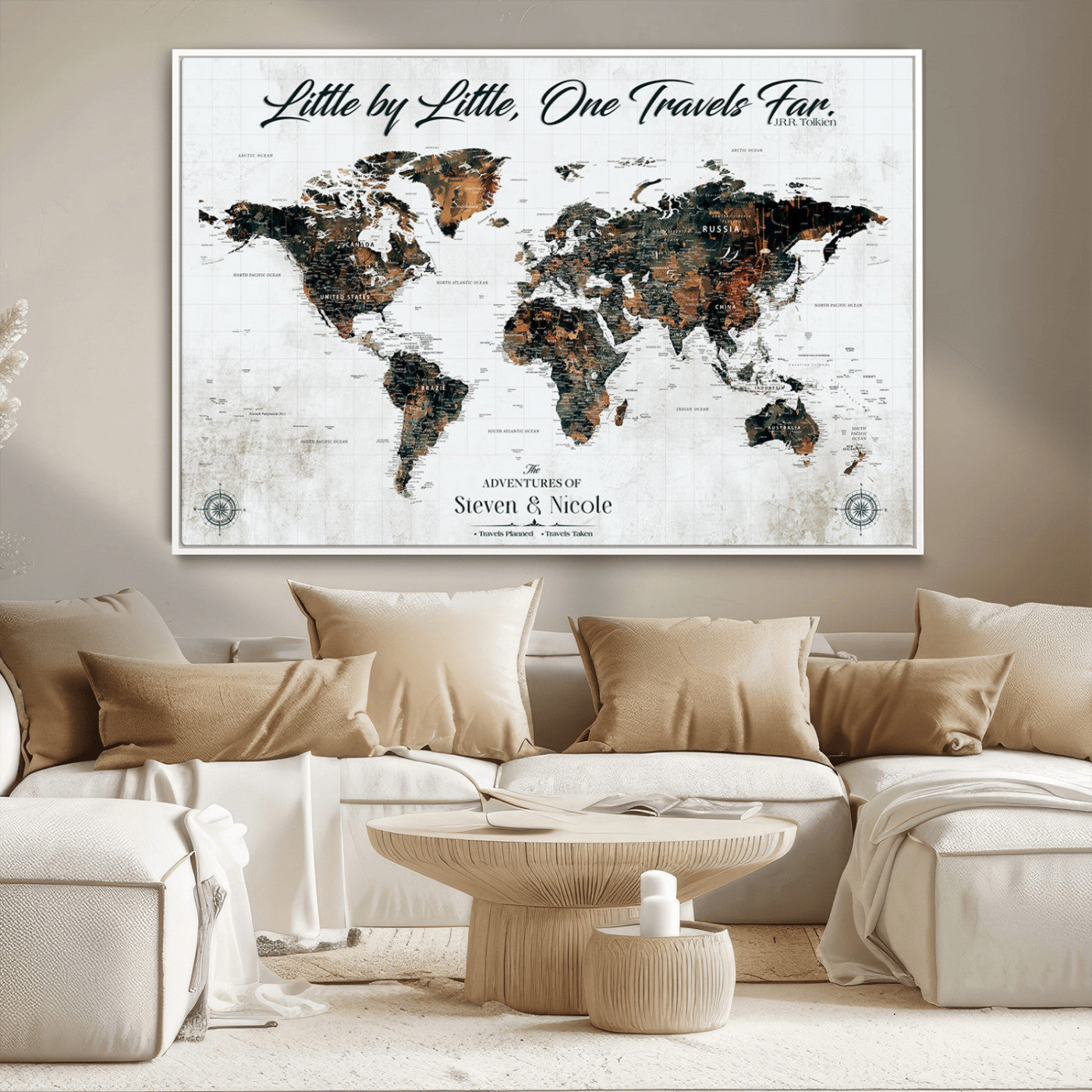 88337180-MGV-CV-36X24-Little by Little One Travels Far Tolkien Quote World Map Rustic Black Brown Adventure Wall Art Canvas Print for Home Office Living