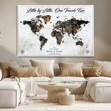 88337180-MGV-CV-36X24-Little by Little One Travels Far Tolkien Quote World Map Rustic Black Brown Adventure Wall Art Canvas Print for Home Office Living