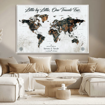 88337180-MGV-CV-36X24-Little by Little One Travels Far Tolkien Quote World Map Rustic Black Brown Adventure Wall Art Canvas Print for Home Office Living